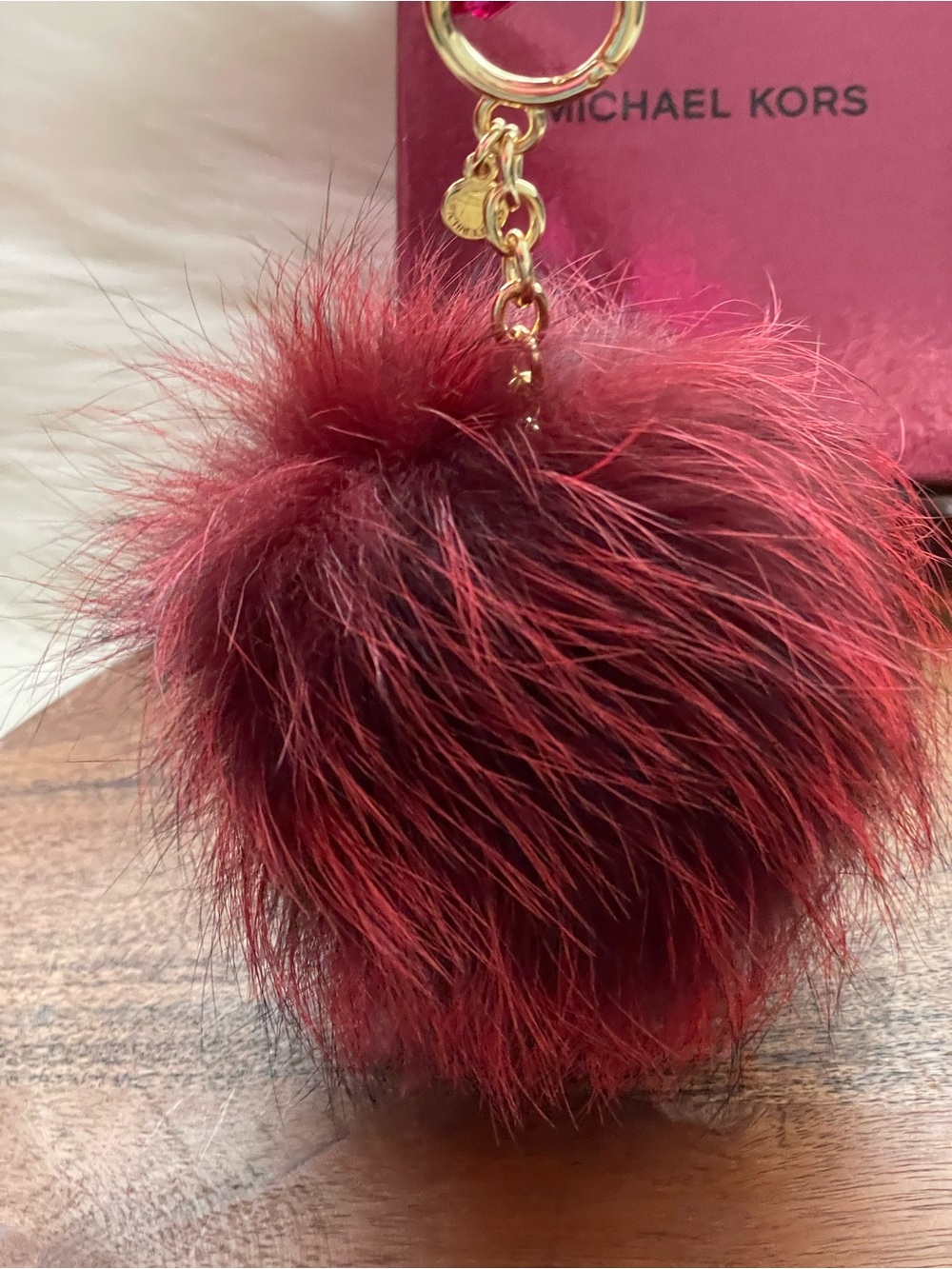 MICHAEL M KORS Large Cherry Color Fox Fur Pom Pom Bag Charm Gift Boxed - Picture 3 of 6